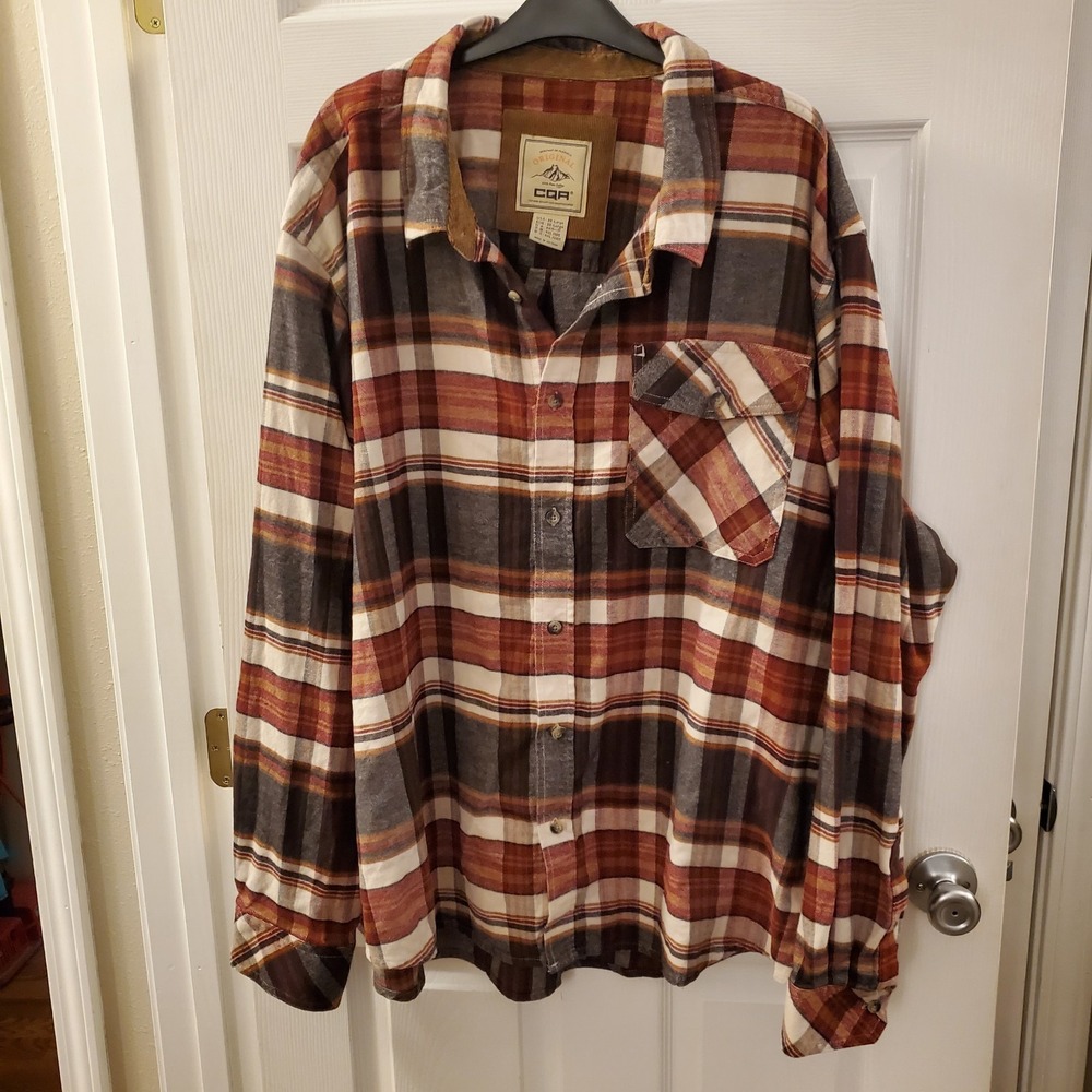 CQR Flannel Shirt 3XL Flip Cuff Men 100%Cotton Maroon/Blue Plaid Corduroy Fall